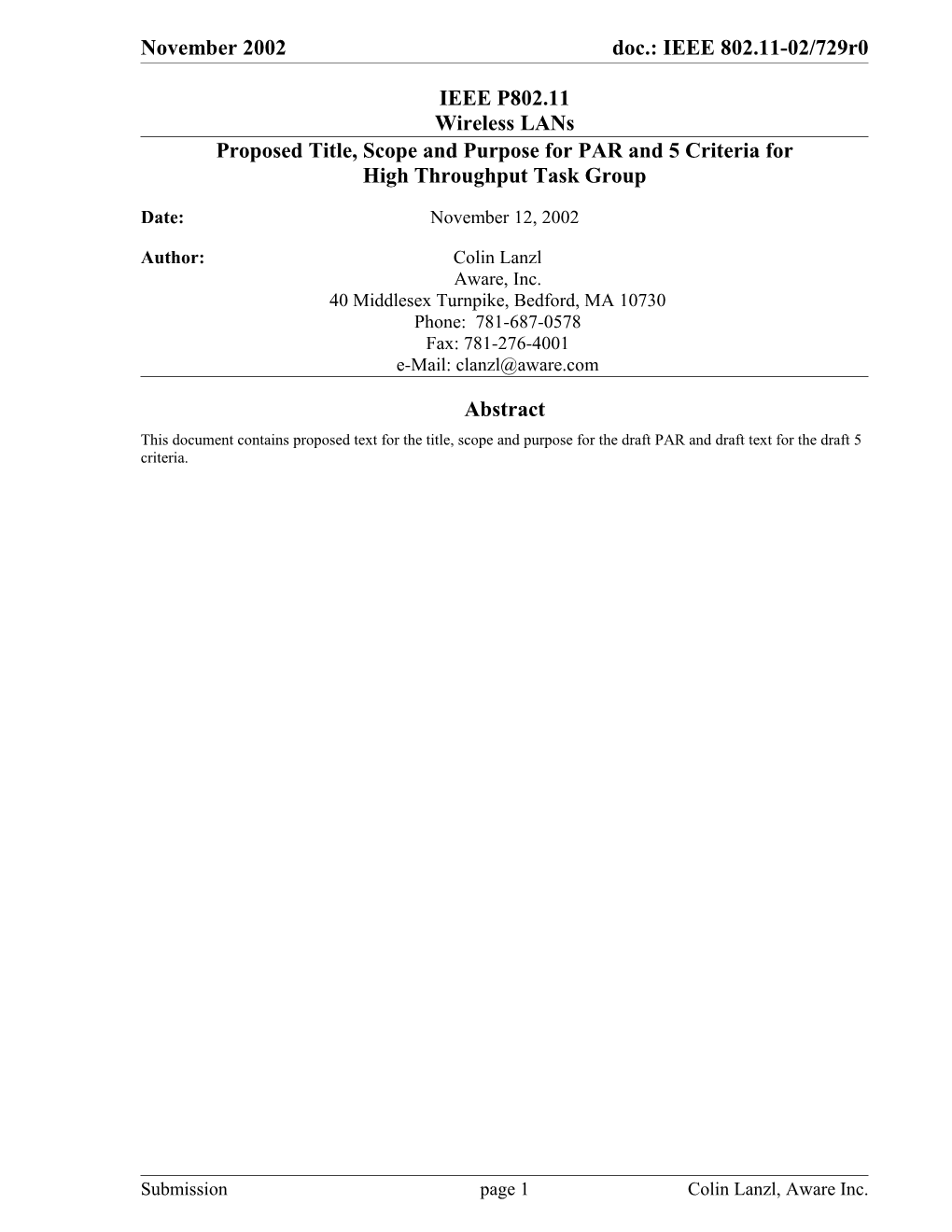 Proposed Title, Scope and Purpose for PAR and 5 Criteria for High Throughput Task Group