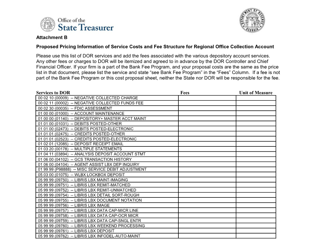 Proposed Pricing Information of Service Costs and Fee Structure for Regional Office Collection