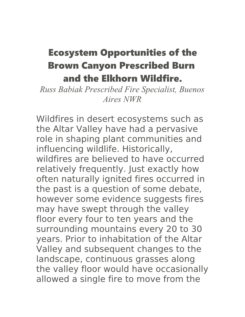 Ecosystem Opportunities of the Brown Canyon Prescribed Burn