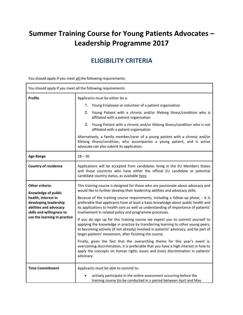 Summer Training Course for Young Patients Advocates Leadership Programme 2017