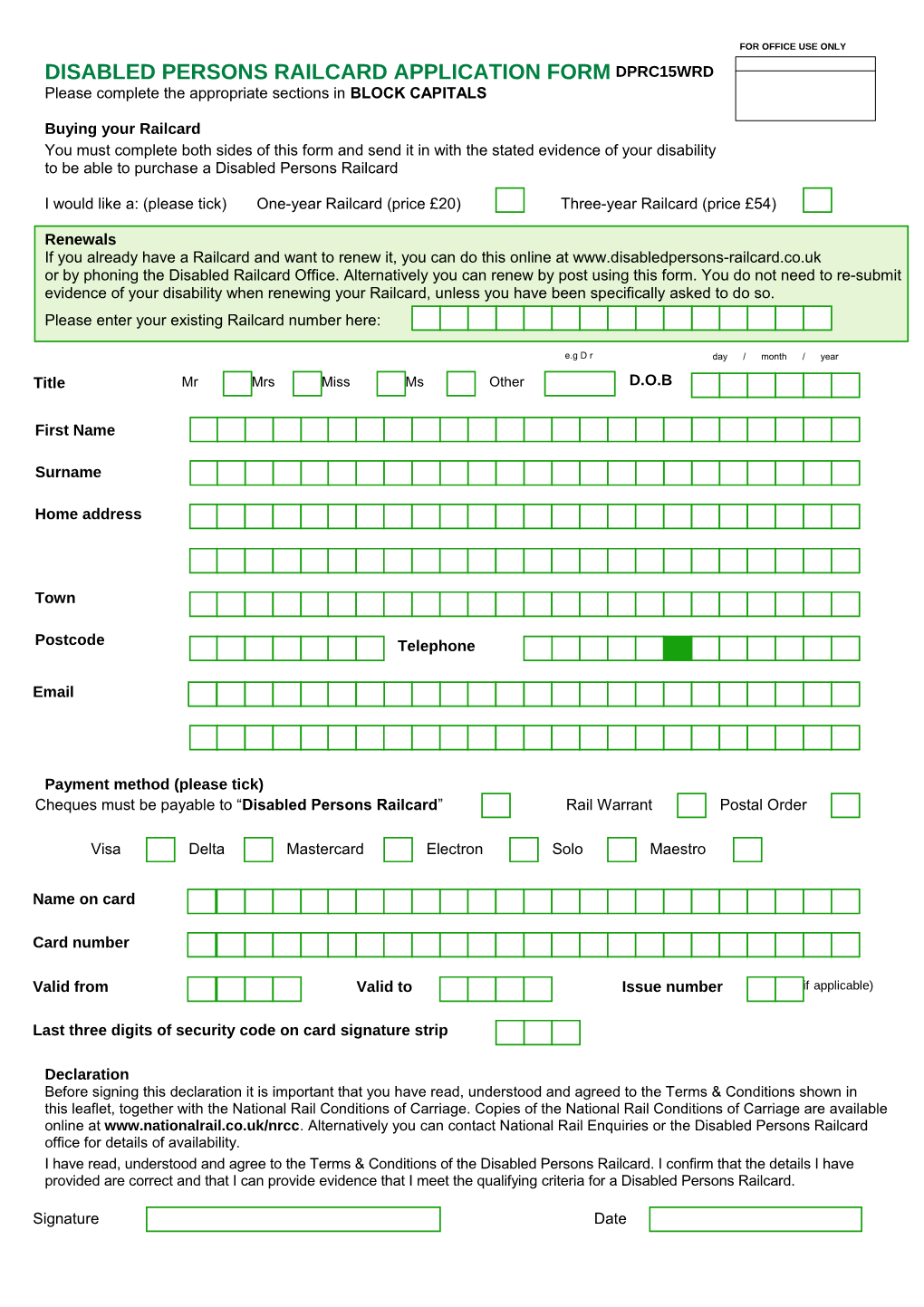 Disabled Persons Railcard Application Form Dprc08c