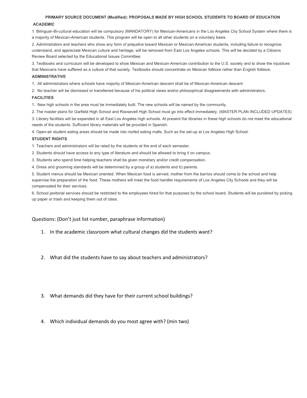 PRIMARY SOURCE DOCUMENT (Modified): PROPOSALS MADE by HIGH SCHOOL STUDENTS to BOARD OF