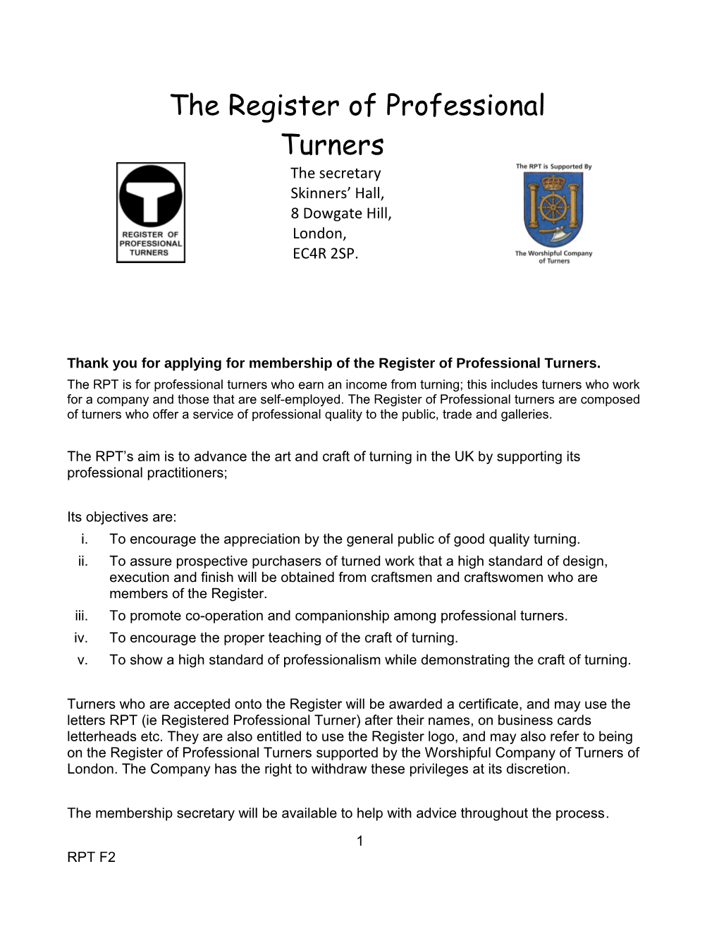 Thank You for Applying for Membership of the Register of Professional Turners