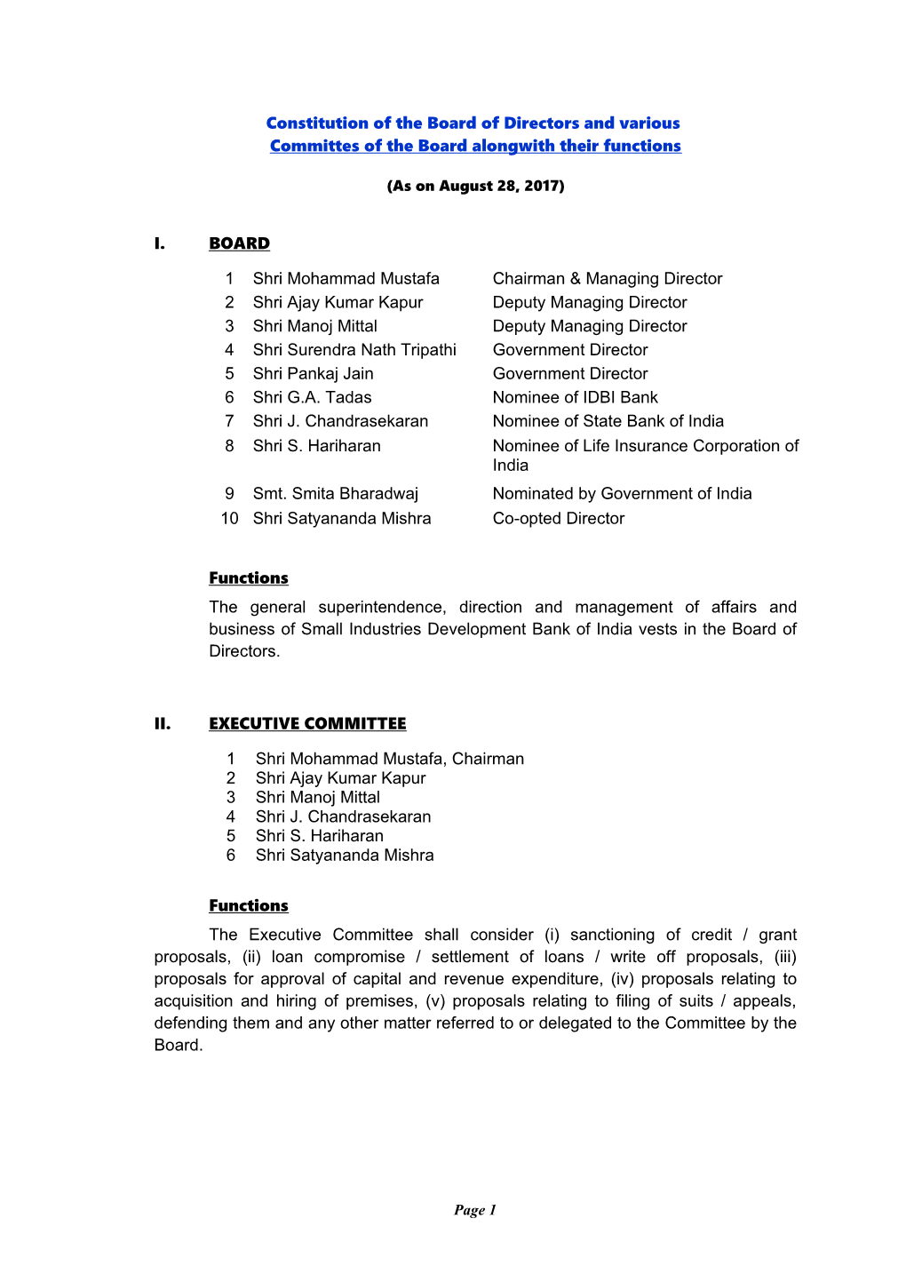 Constitution of the Board of Directors and Various