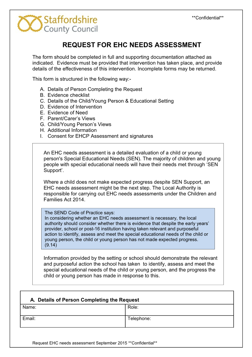 School EHC Needs Assessment Request September 2015