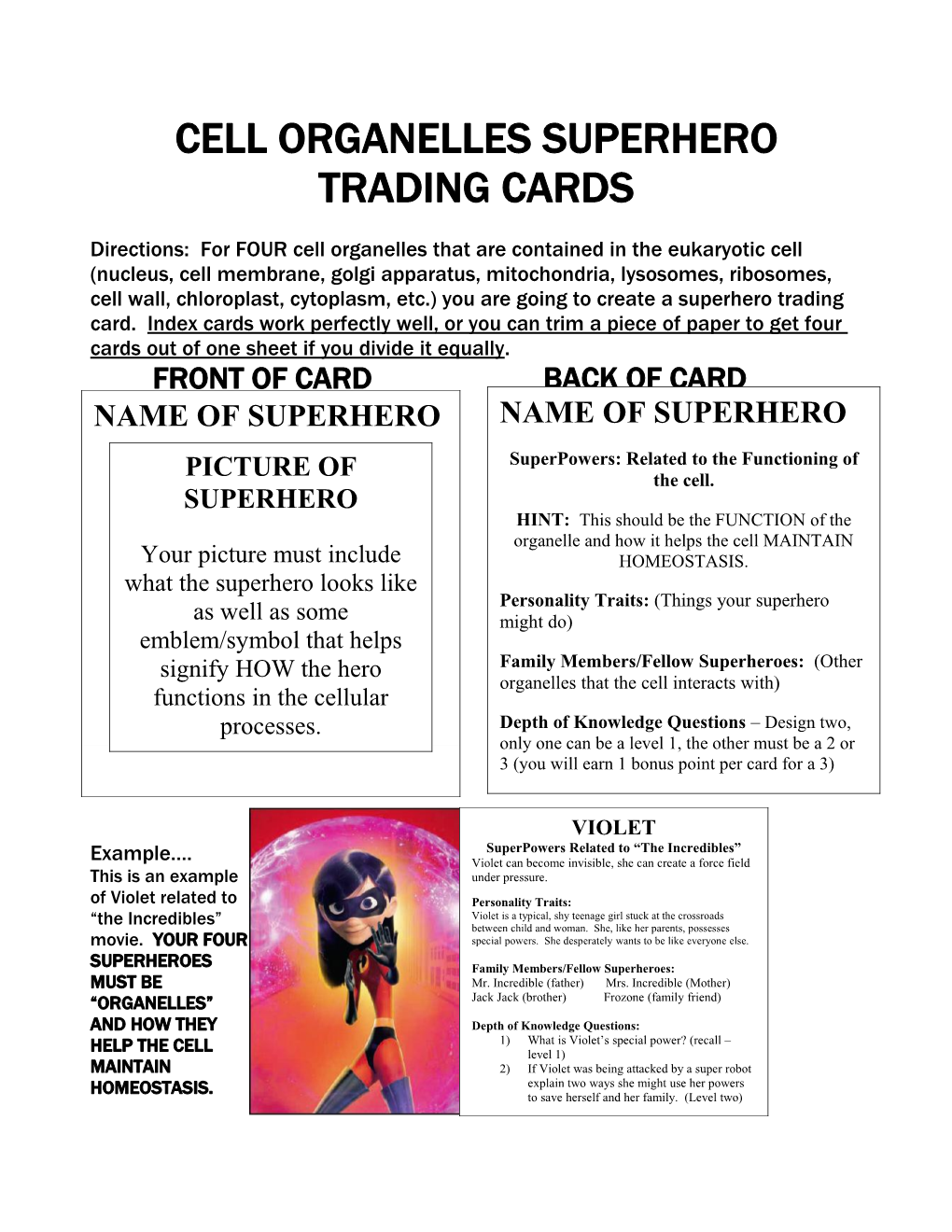 Cell Organelles Superhero Trading Cards