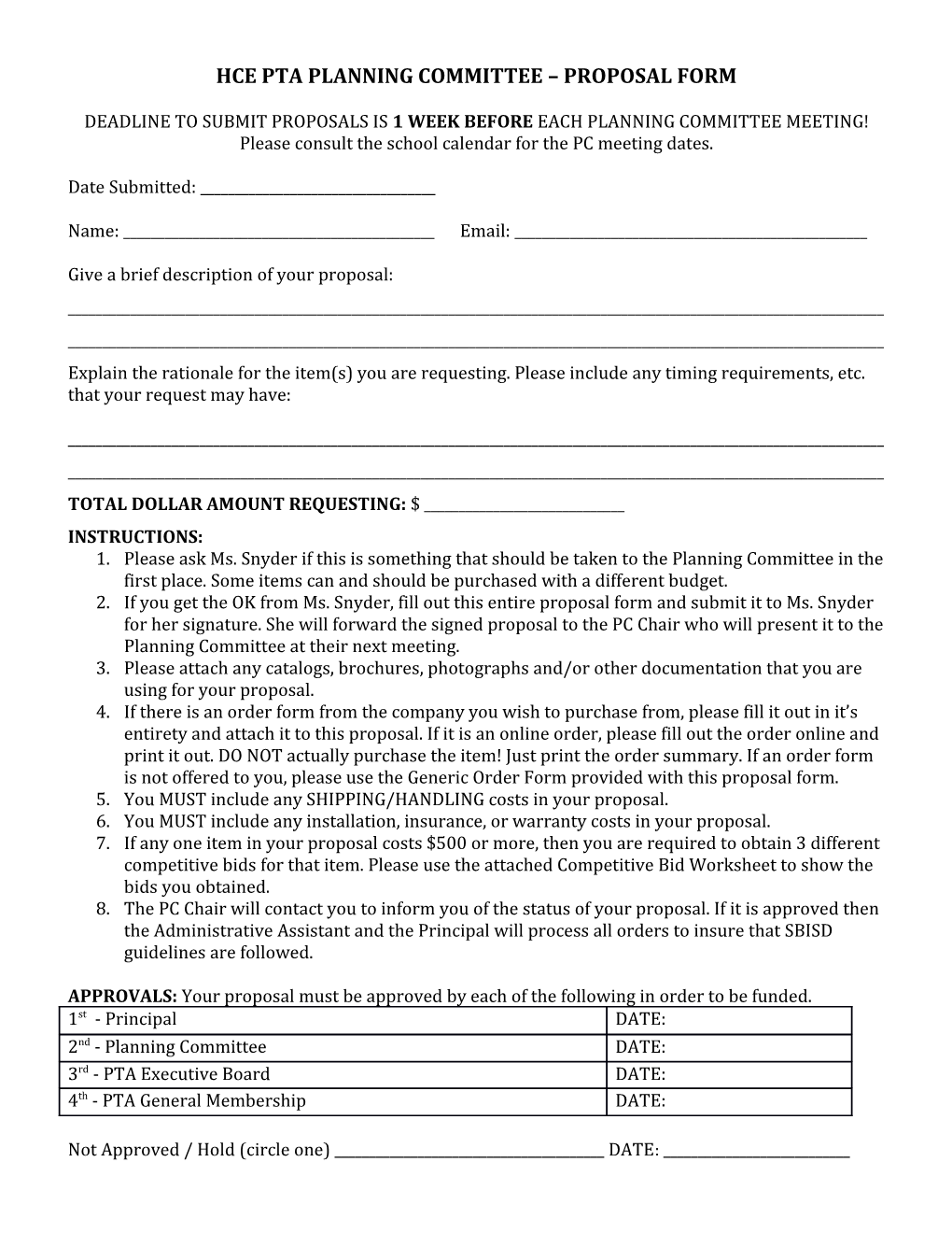 Hce Pta Planning Committee Proposal Form