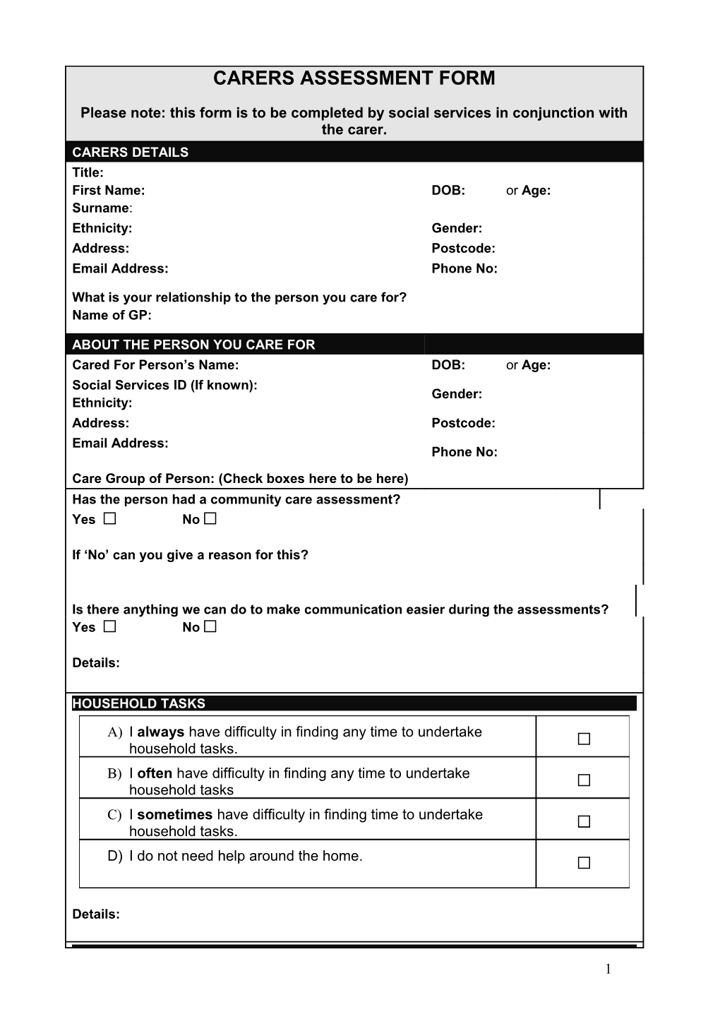 Carers Assessment Form