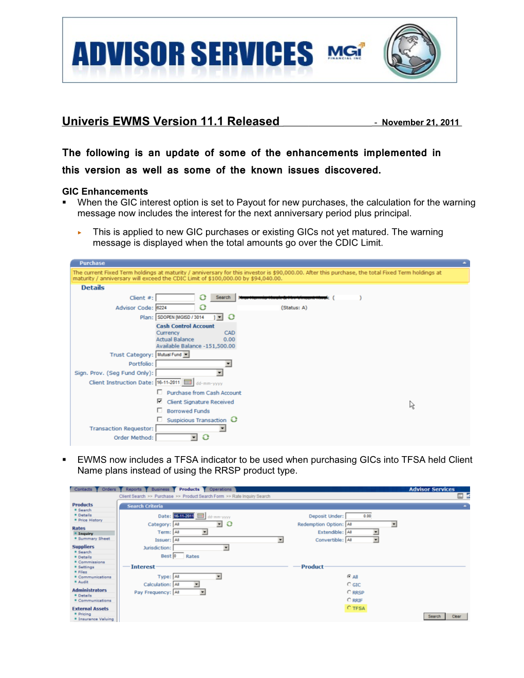 Univeris EWMS Version 11.1 Released - November 21, 2011