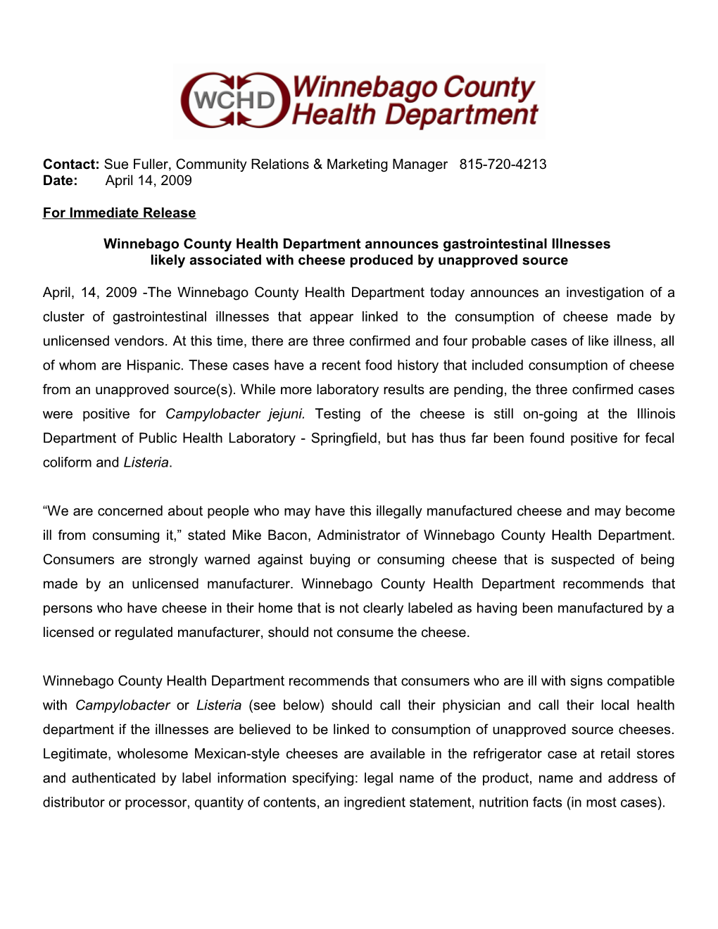 Winnebago County Health Department Announces Gastrointestinal Illnesses