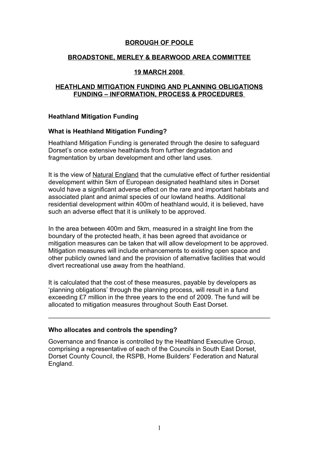 Heathland Mitigation Funding and Planning Obligations Funding Information, Process & Procedures