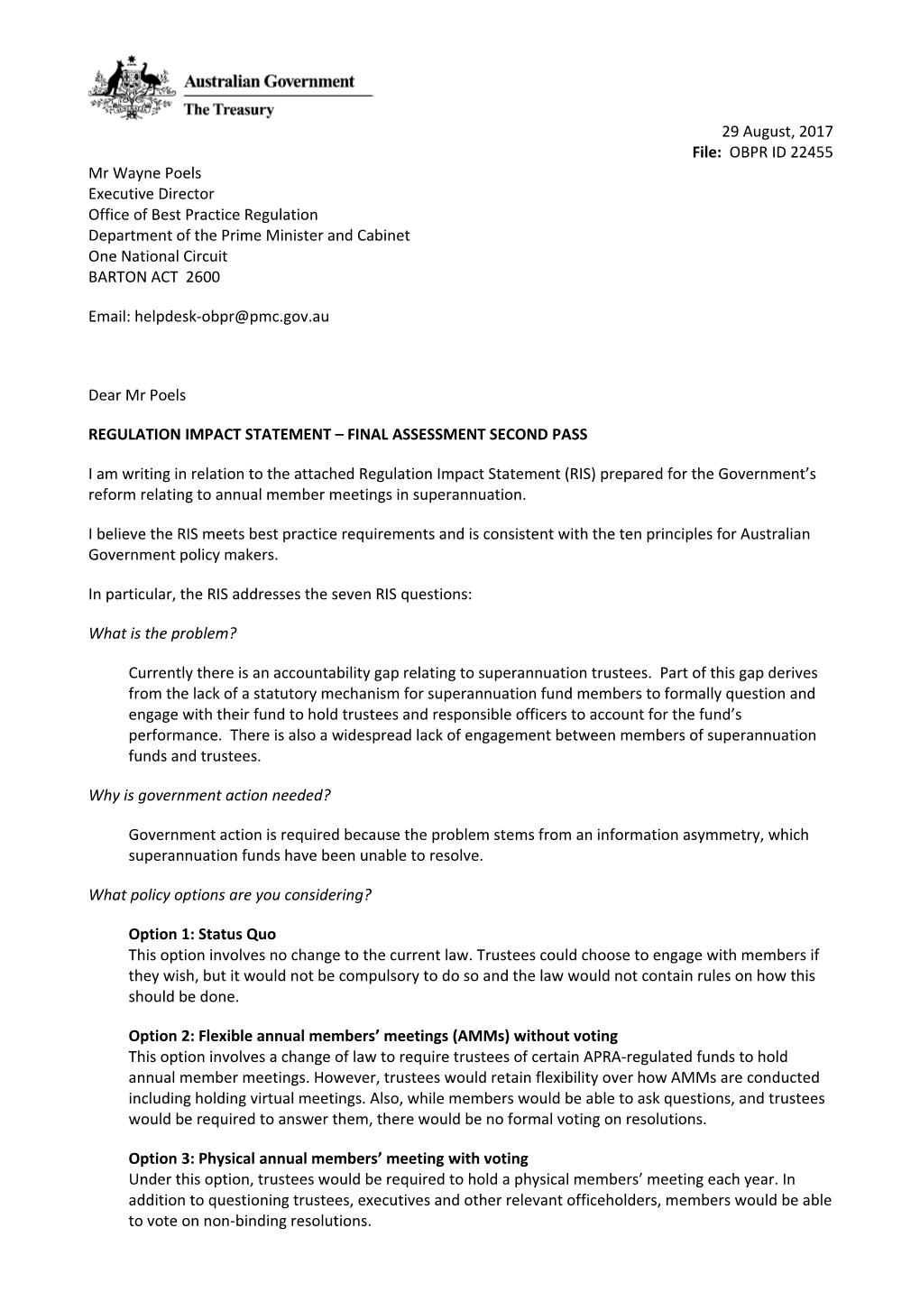 Regulation Impact Statement Final Assessment Second Pass