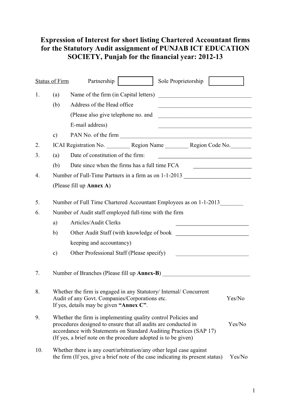 Expression of Interest for Short Listing Chartered Accountantfirms for the Statutory Audit