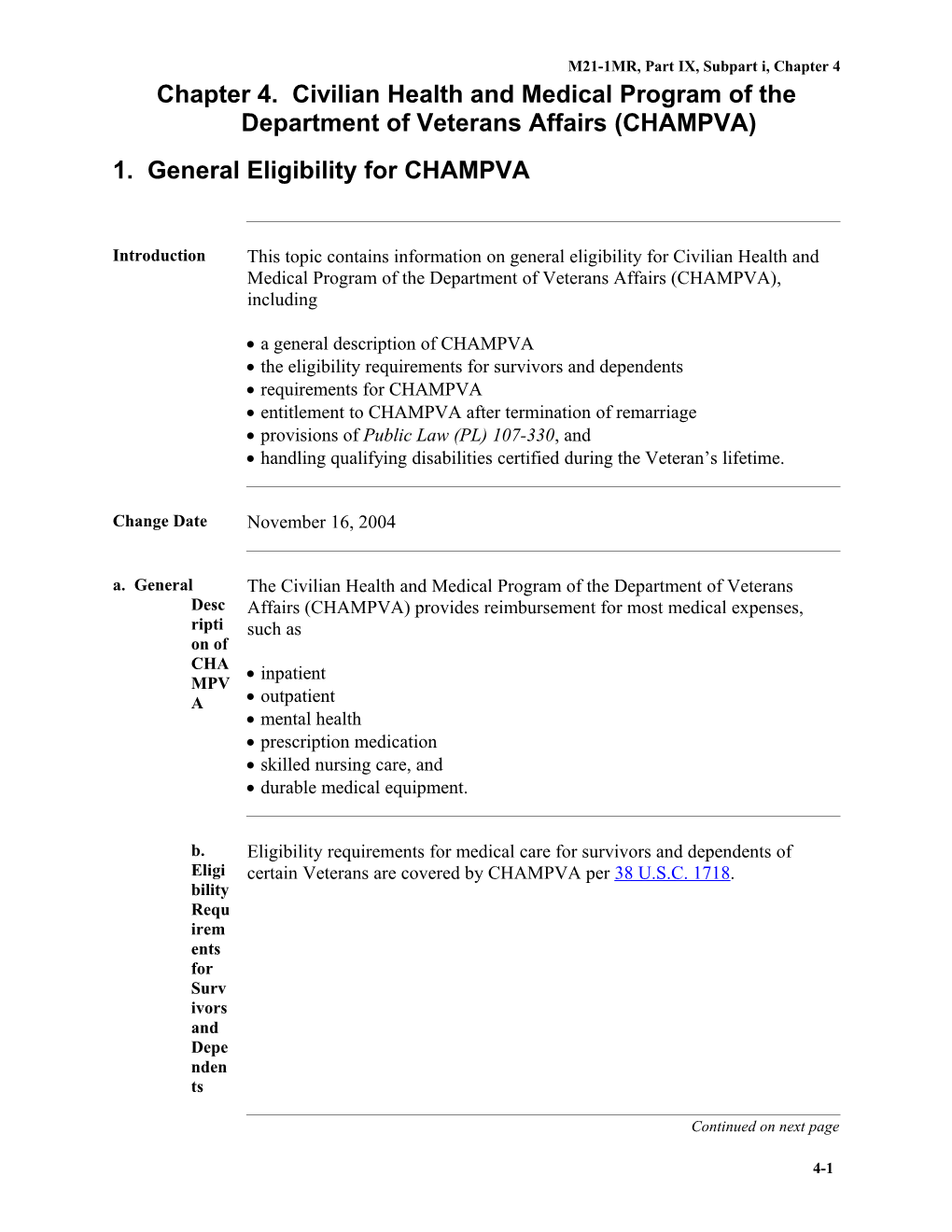 Chapter 4. Civilian Health and Medical Program of the Department of Veterans Affairs (CHAMPVA)