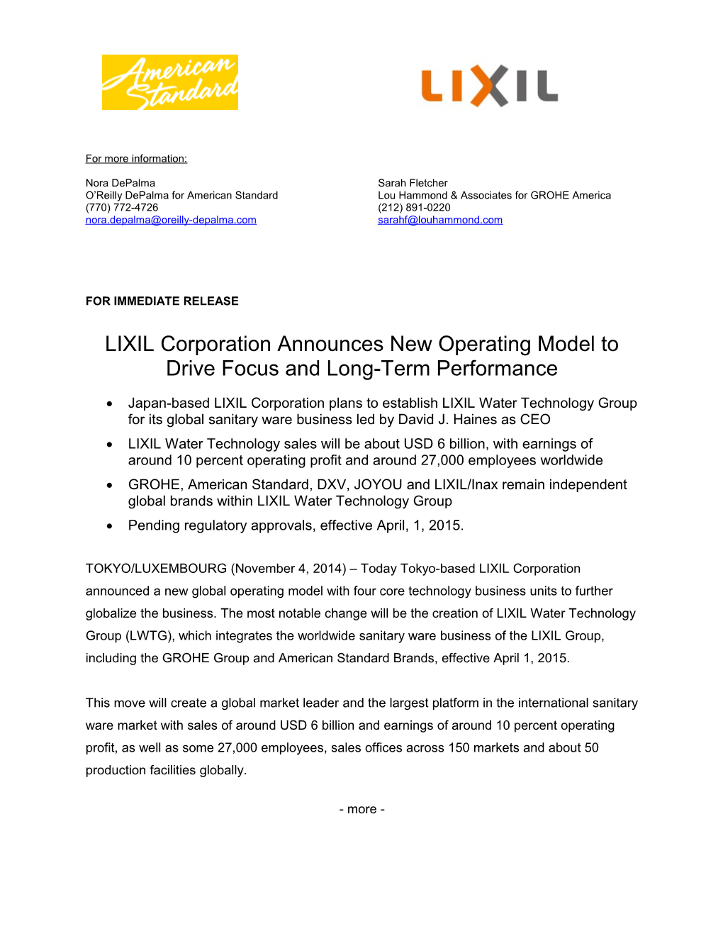 LIXIL Corporation Announces New Operating Model to Drive Focus and Long-Term Performance 1-1-1