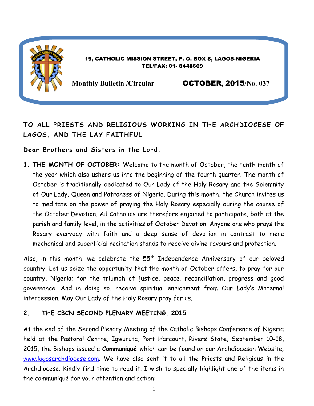To All Priests and Religious Working in the Archdiocese of Lagos, and the Lay Faithful