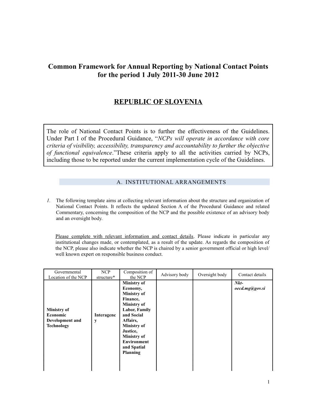 Report of National Contact Points to the Investment Committee