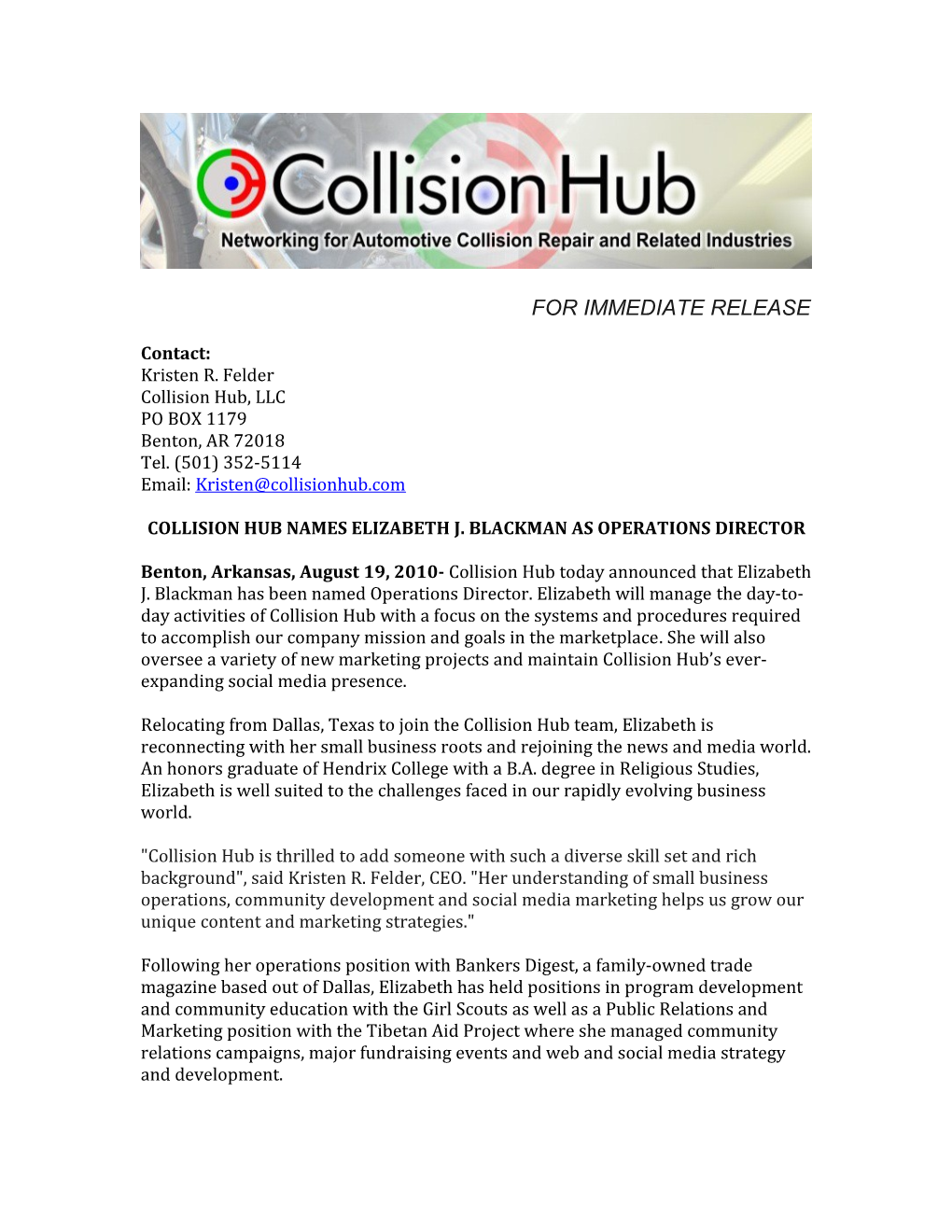 Collision Hub Names Elizabeth J. Blackman As Operations Director