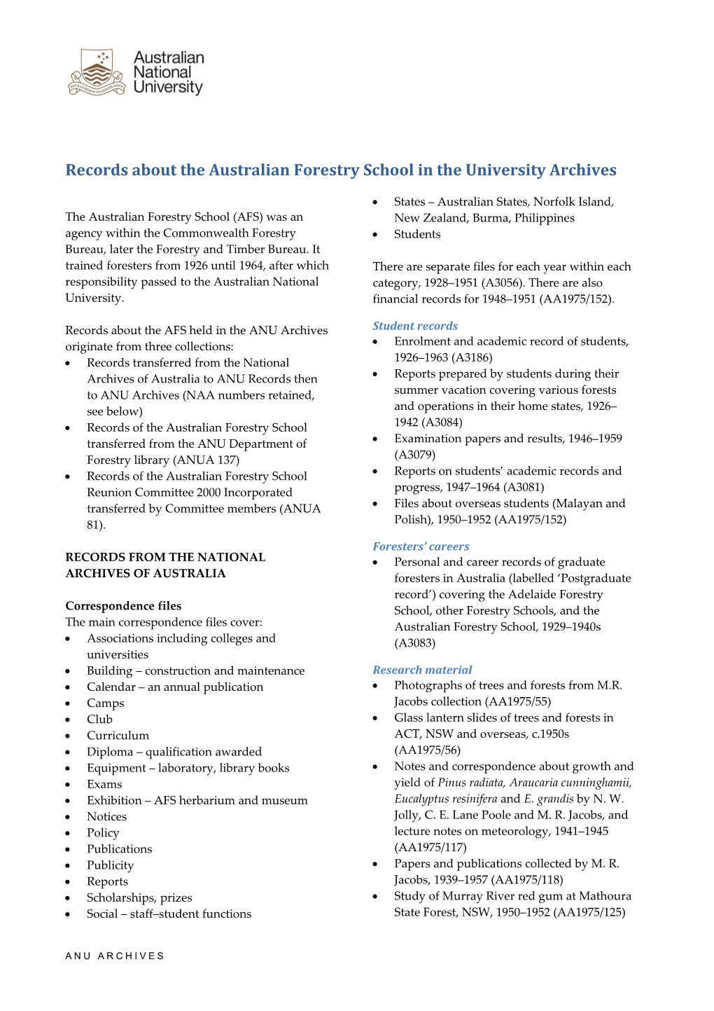 Family History Sources at the Anu University Archives