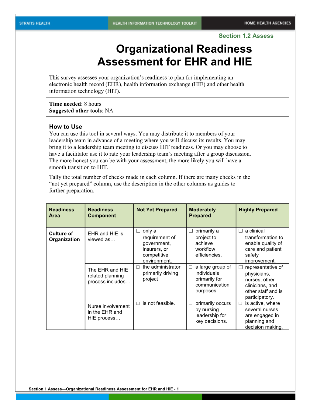 1 Organizational Readiness Assessment for EHR and HIE