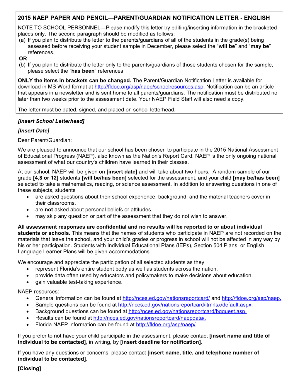 2015Naep Paper and Pencil Parent/Guardian Notification Letter - English