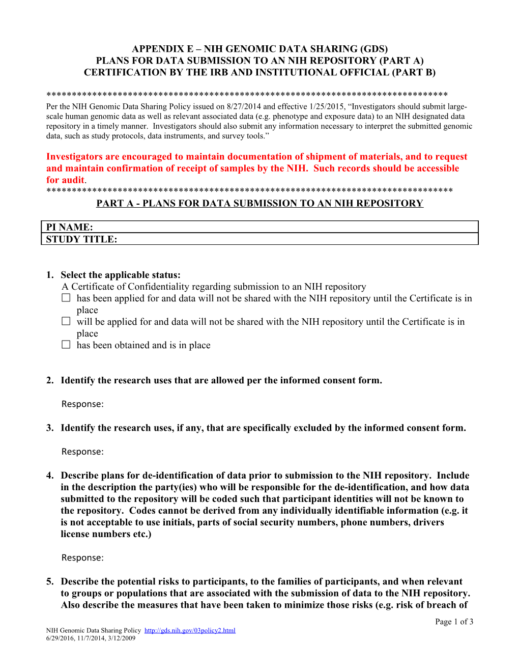 Appendix E Nih Genomic Data Sharing (Gds)