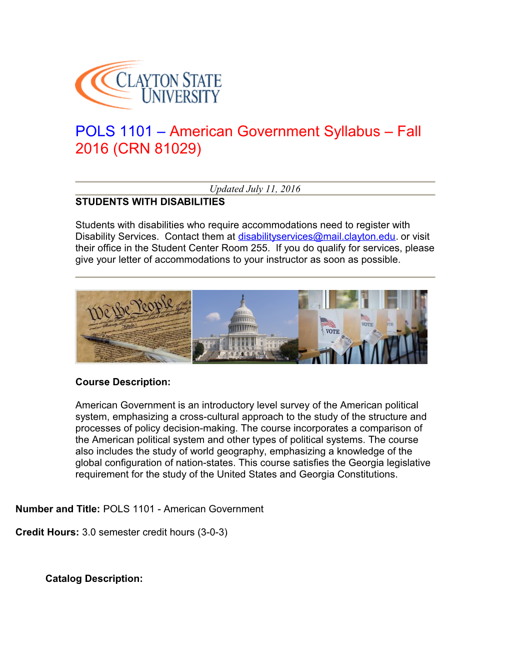 POLS1101 American Government Syllabus Fall 2016(CRN 81029)