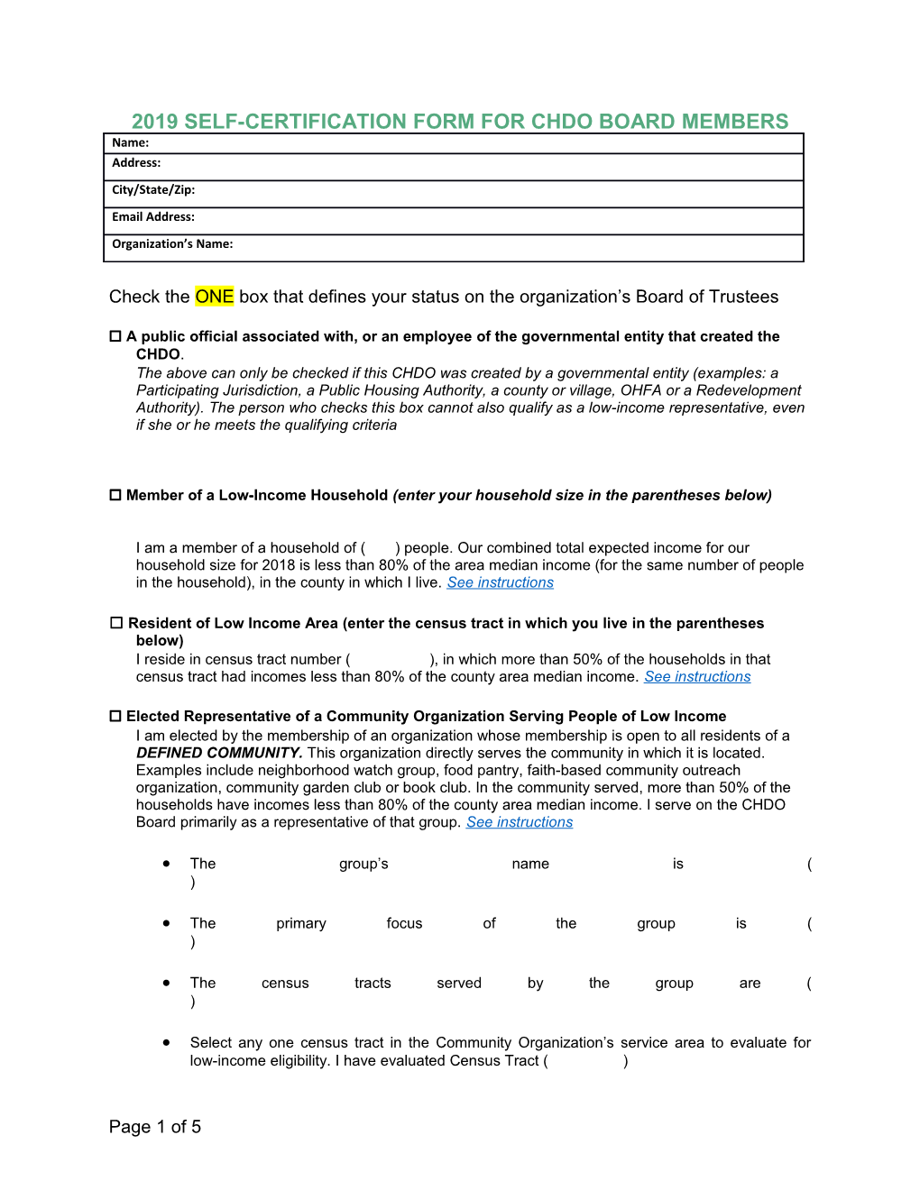 2019 Self-Certification Form for Chdo Board Members