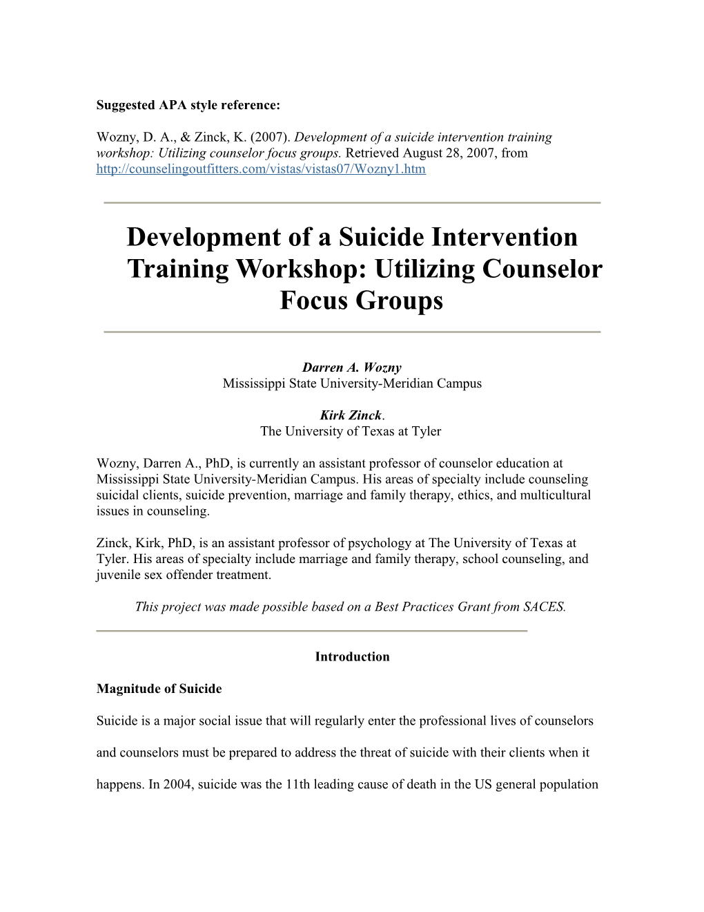 Development of a Suicide Intervention Training Workshop: Utilizing Counselor Focus Groups