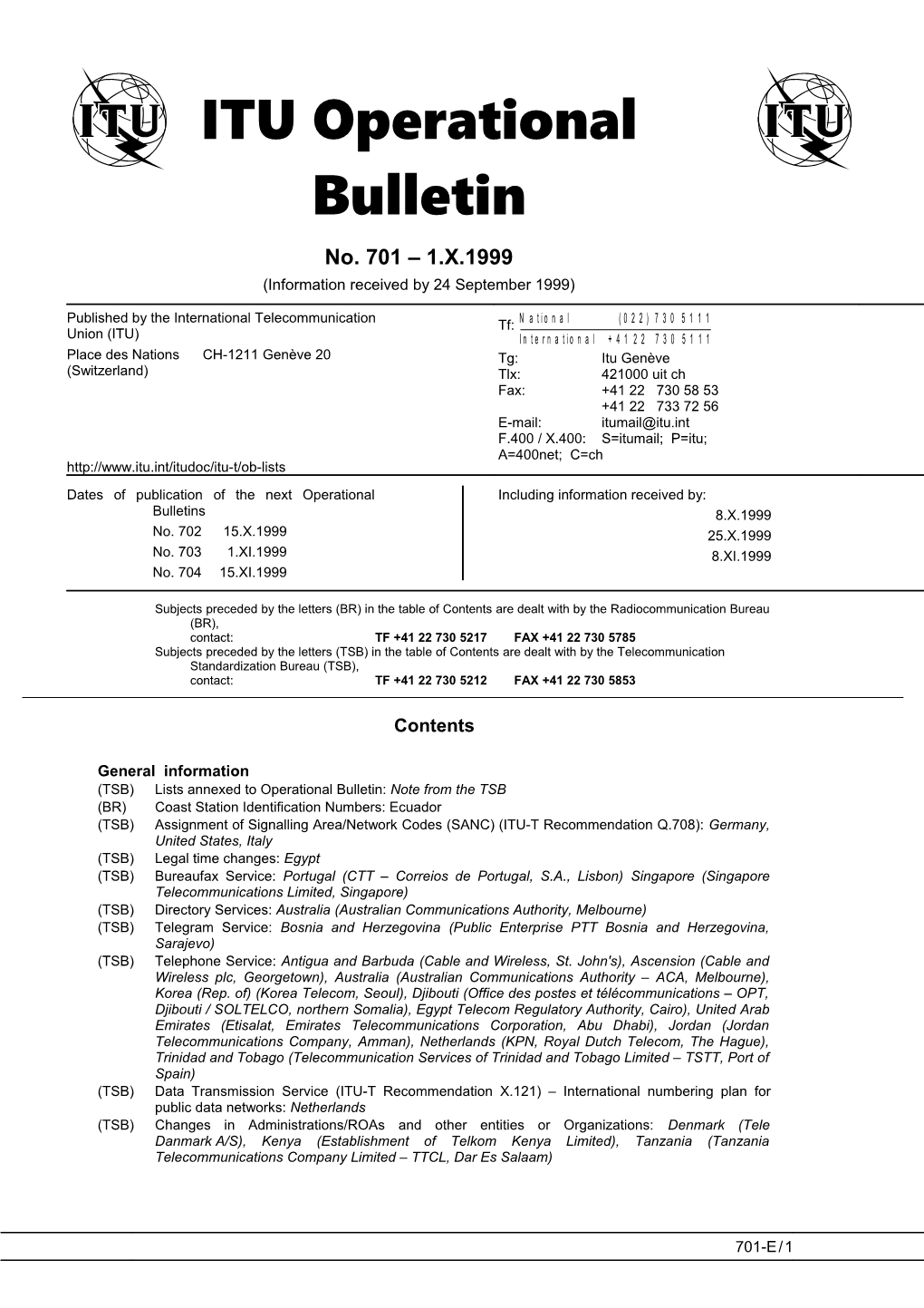 ITU Operational Bulletin No. 701 - E