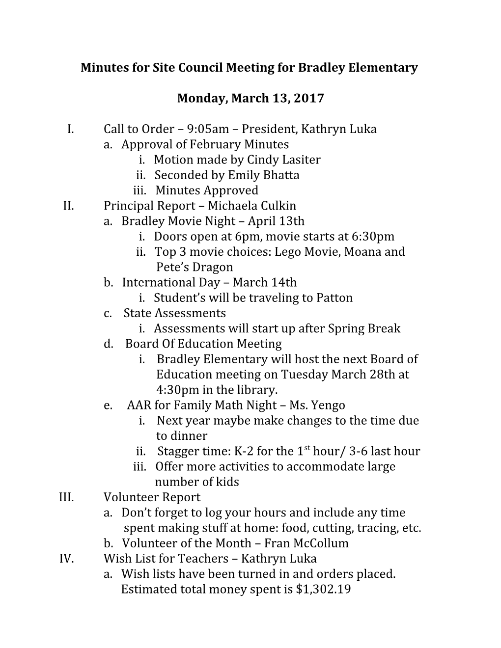 Minutes for Site Council Meeting for Bradley Elementary