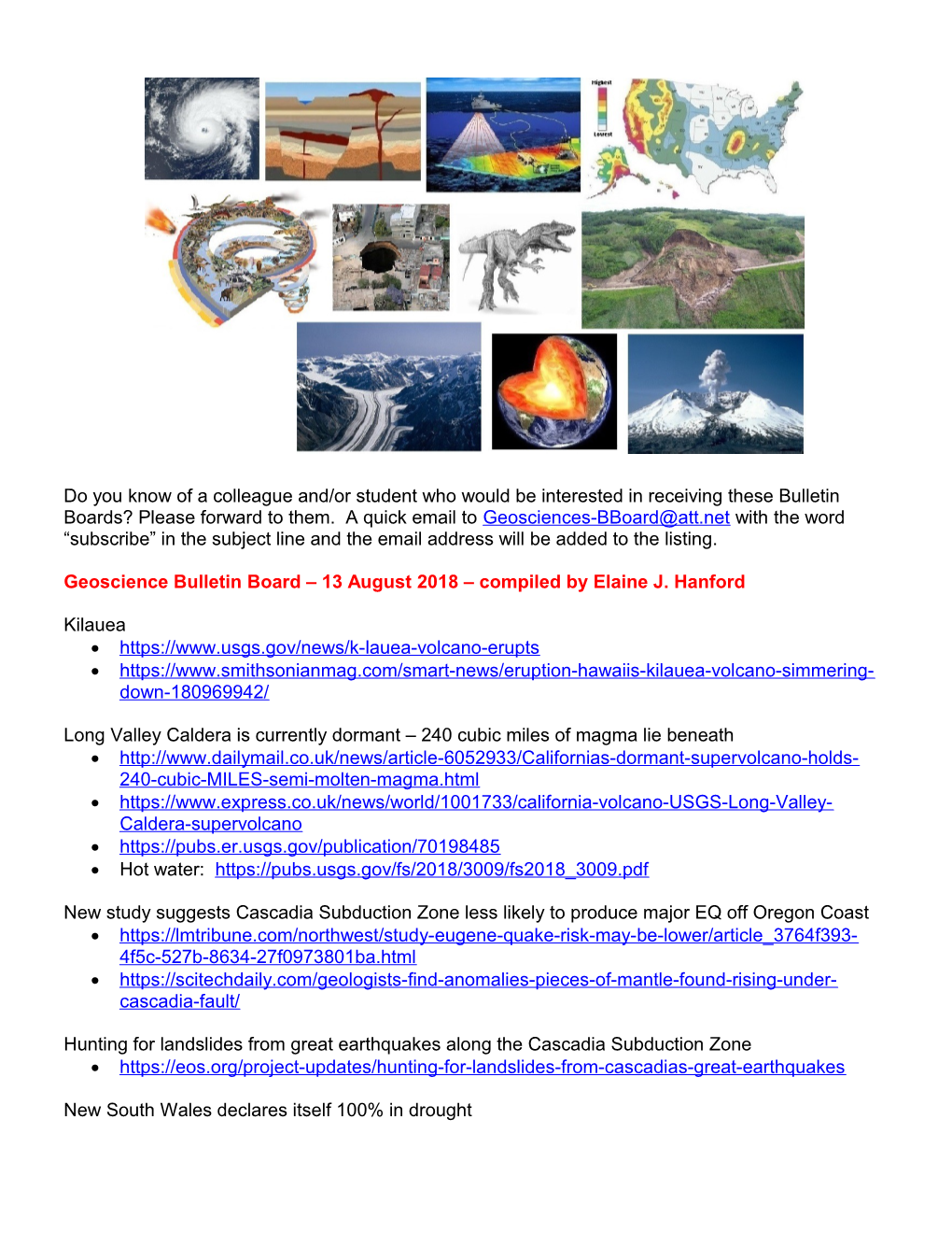 Geoscience Bulletin Board 13 August2018 Compiled by Elaine J. Hanford