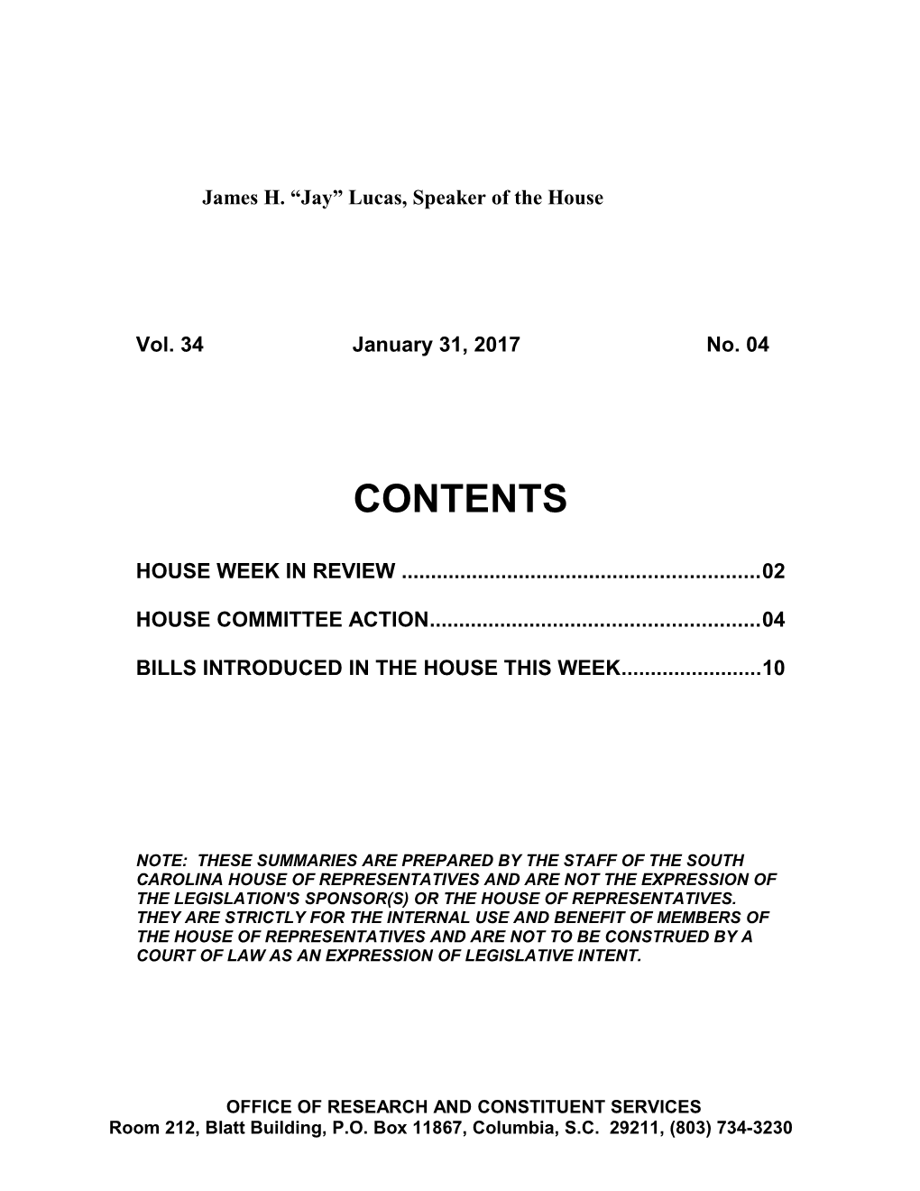 Legislative Update - Vol.34 No. 04 January 31, 2017 - South Carolina Legislature Online