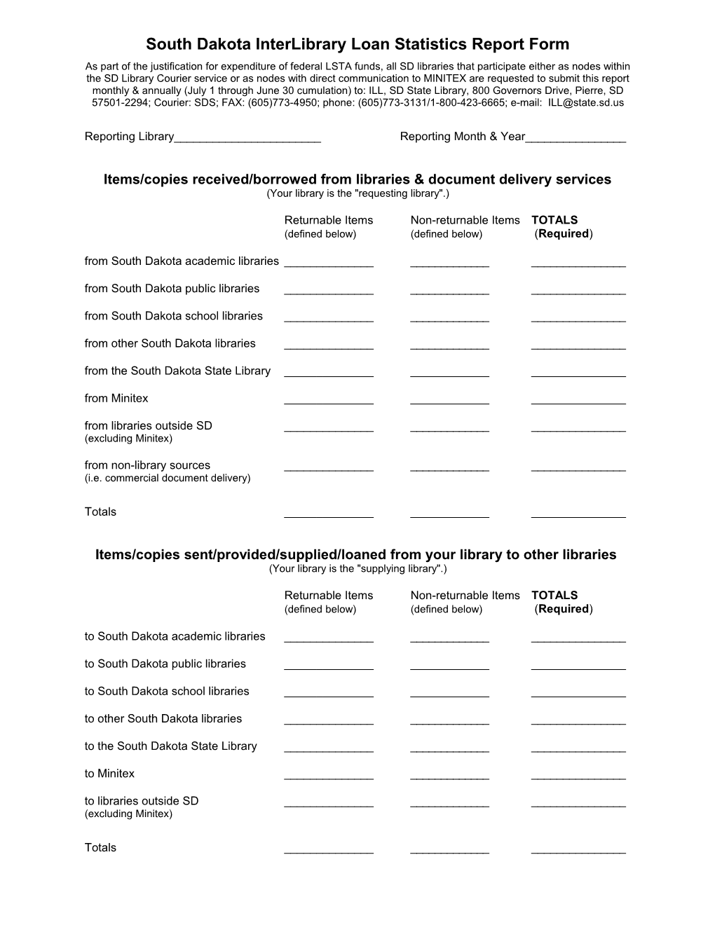 Word Version of South Dakota Interlibrary Loan Statistics Report Form