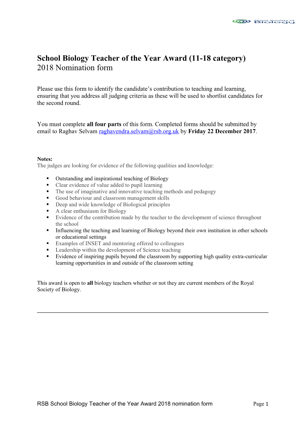 School Biology Teacher of the Year Award (11-18 Category) 2018Nomination Form