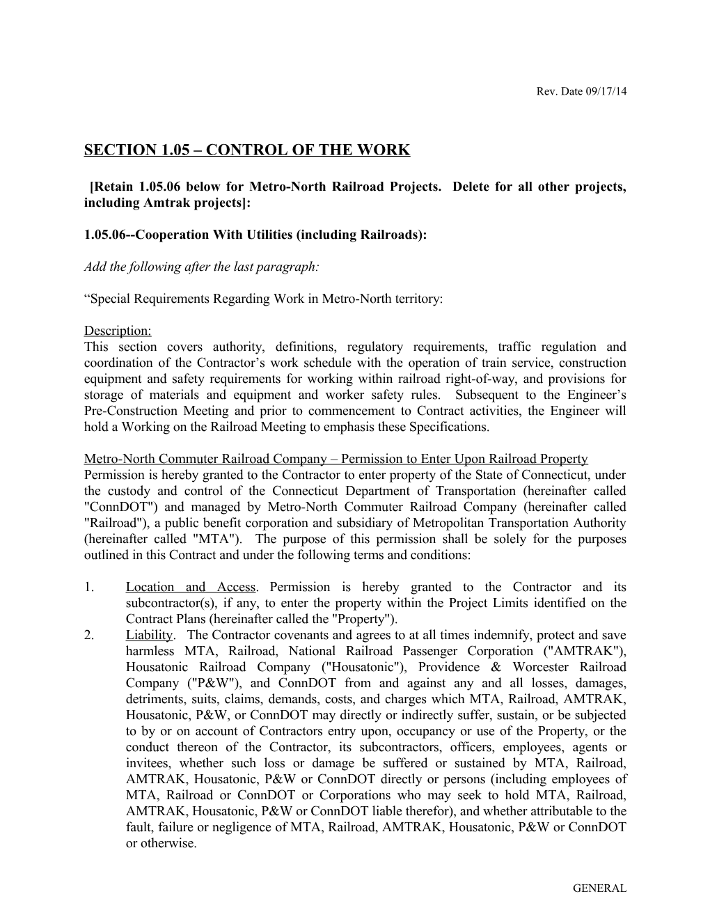 Section 1.05 CONTROL of the WORK