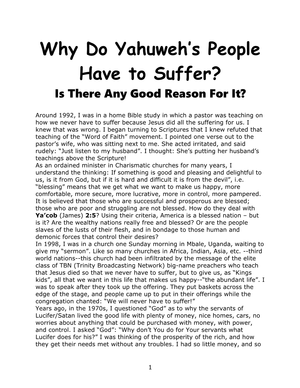 Why Do Yahuweh S People Have to Suffer?