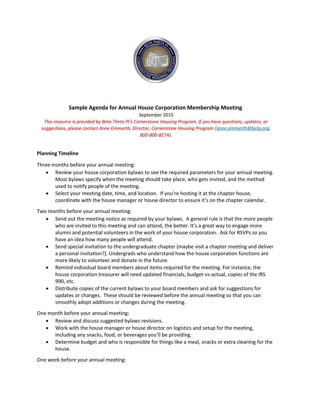 Sample Agenda for Annual House Corporation Membership Meeting