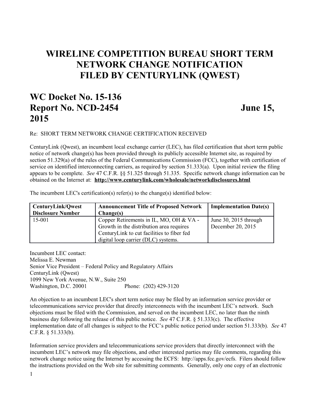 Wireline Competition Bureau Short Term Network Change Notification