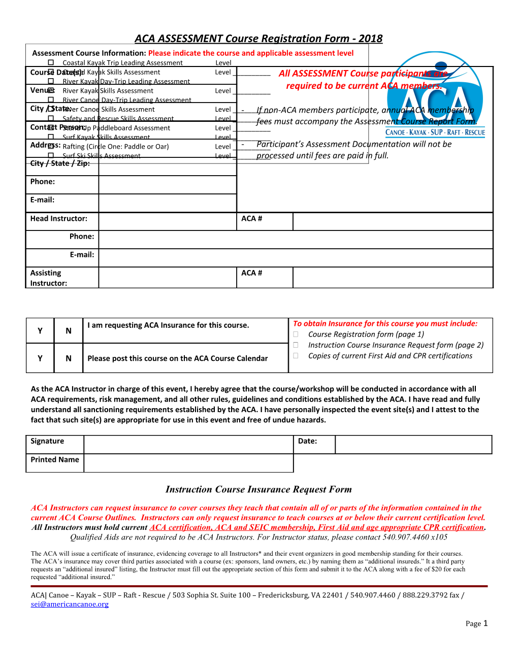ACA ASSESSMENT Course Registration Form - 2018