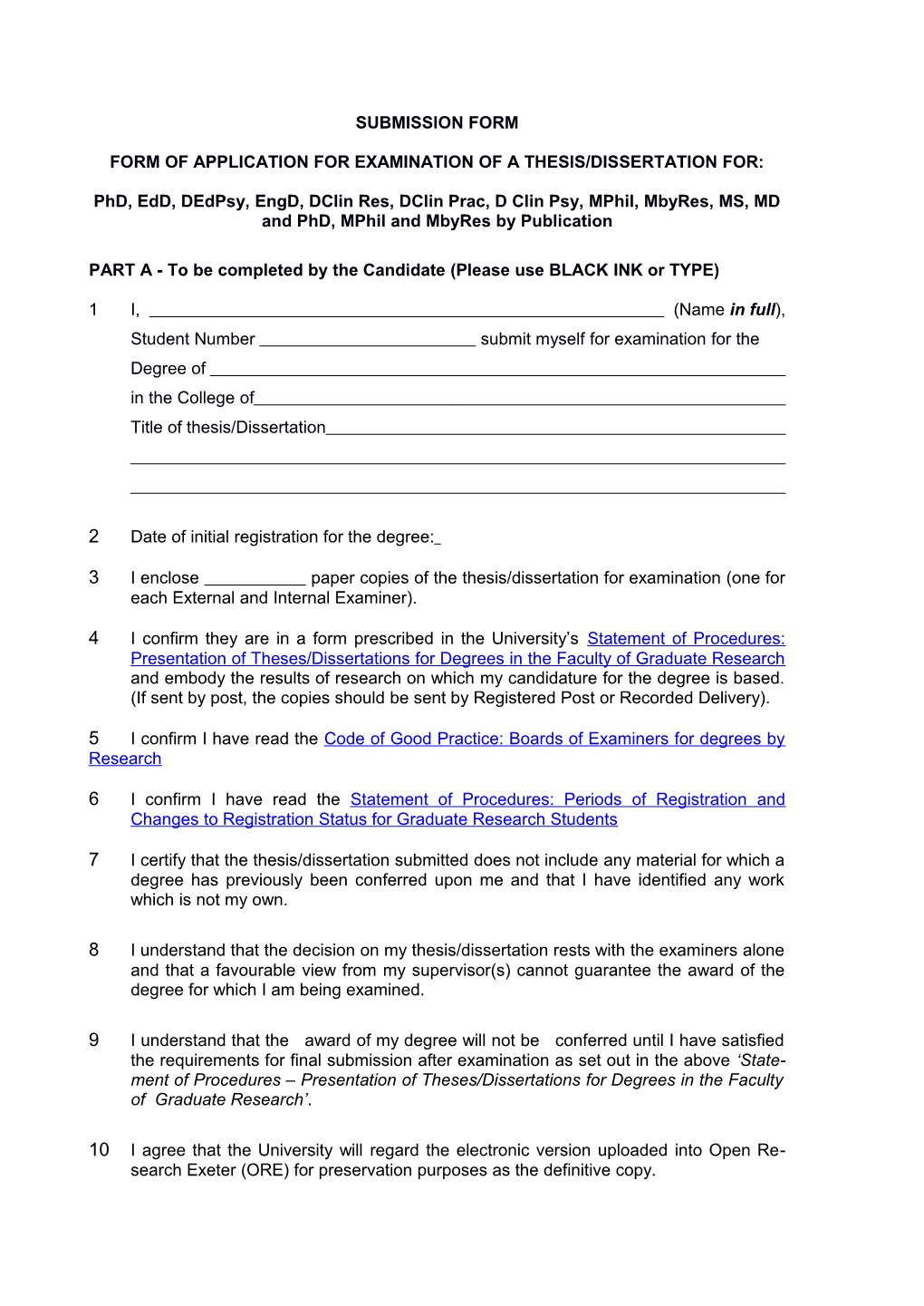 Form of Application for Examination of a Thesis/Dissertation For