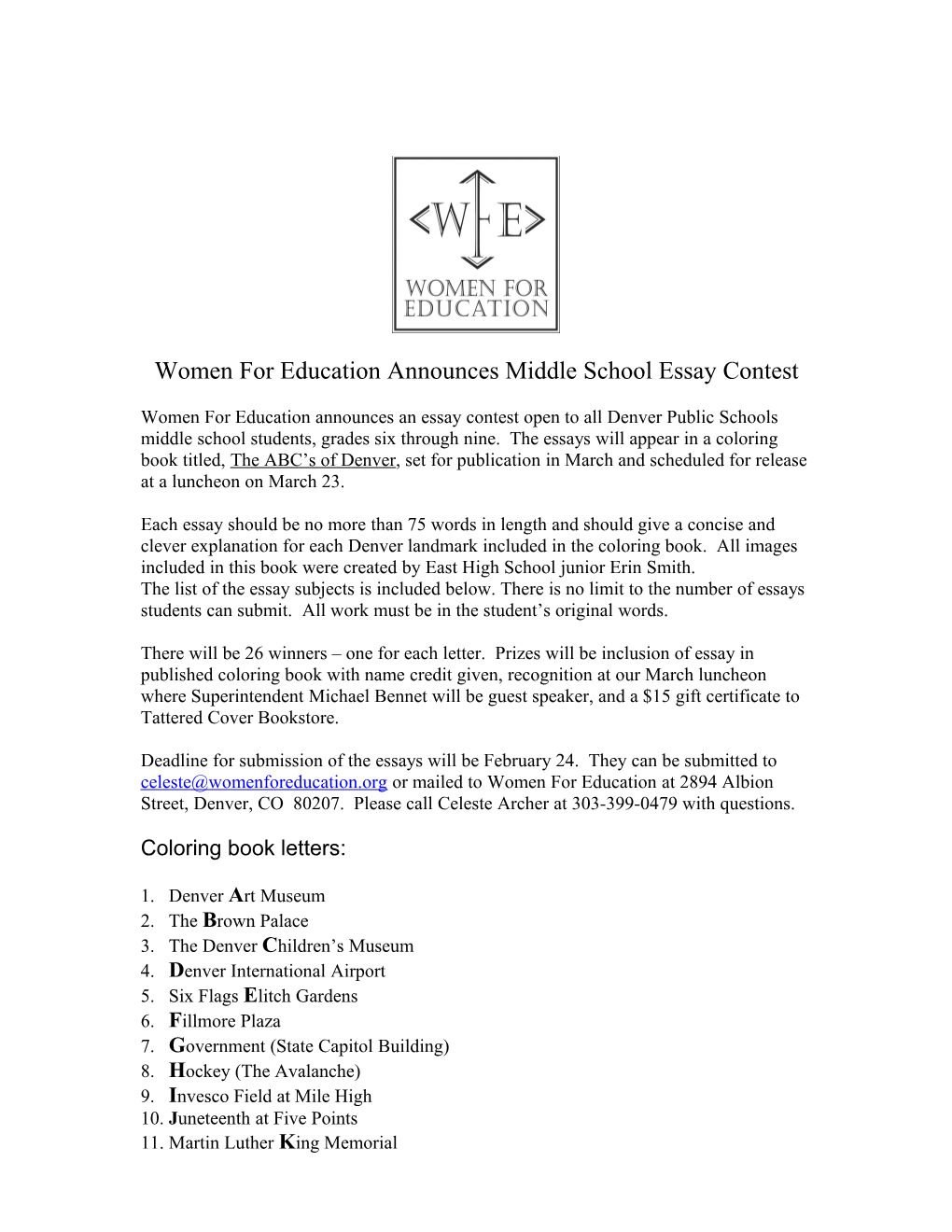 Women for Education Announces Middle School Essay Contest