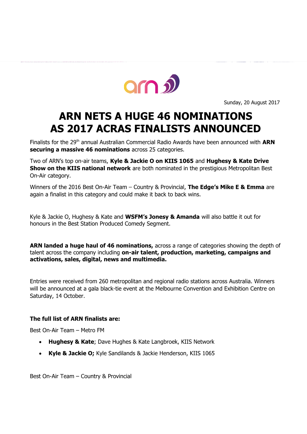 Arn Nets a Huge 46Nominations As 2017 Acras Finalists Announced