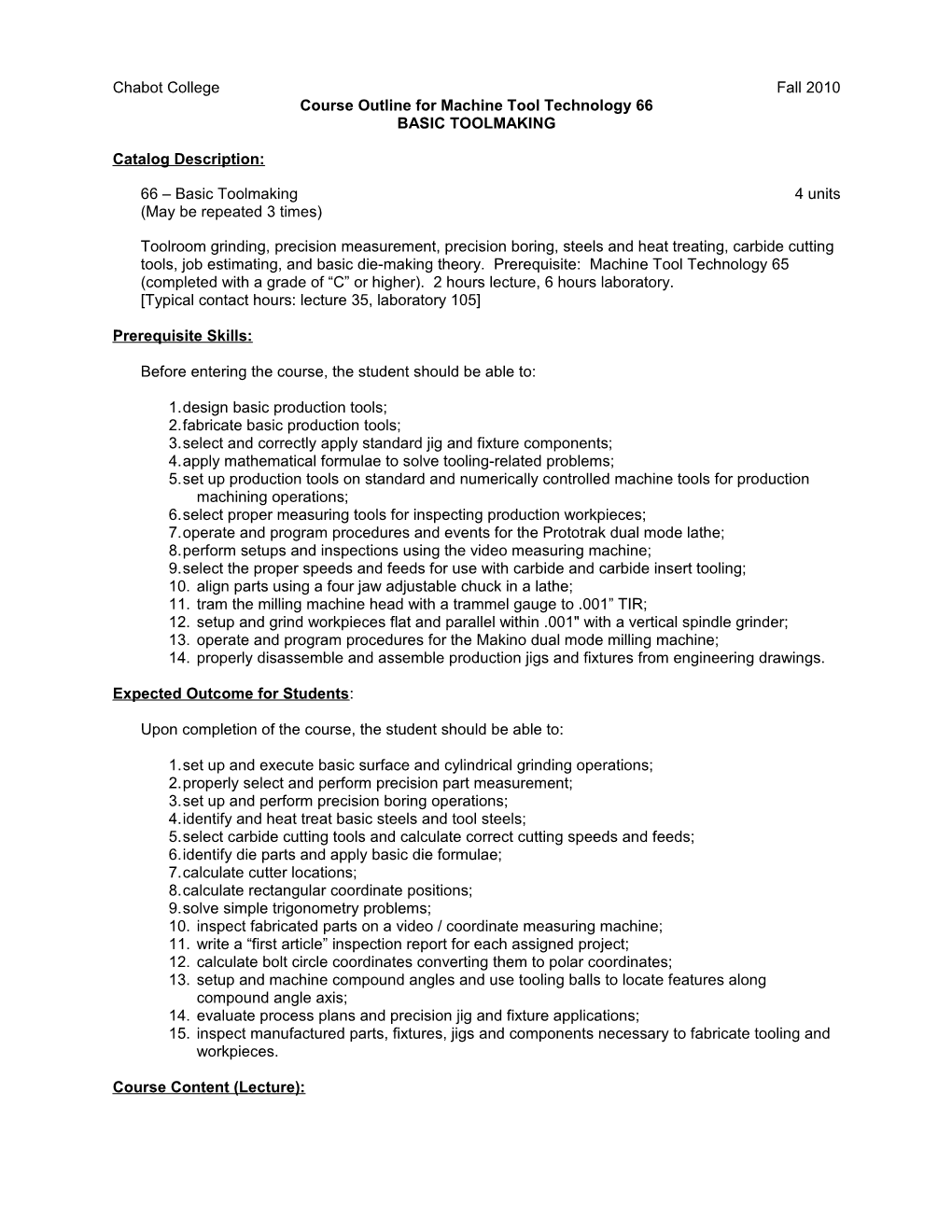 Course Outline for Machine Tool Technology 66, Page 1