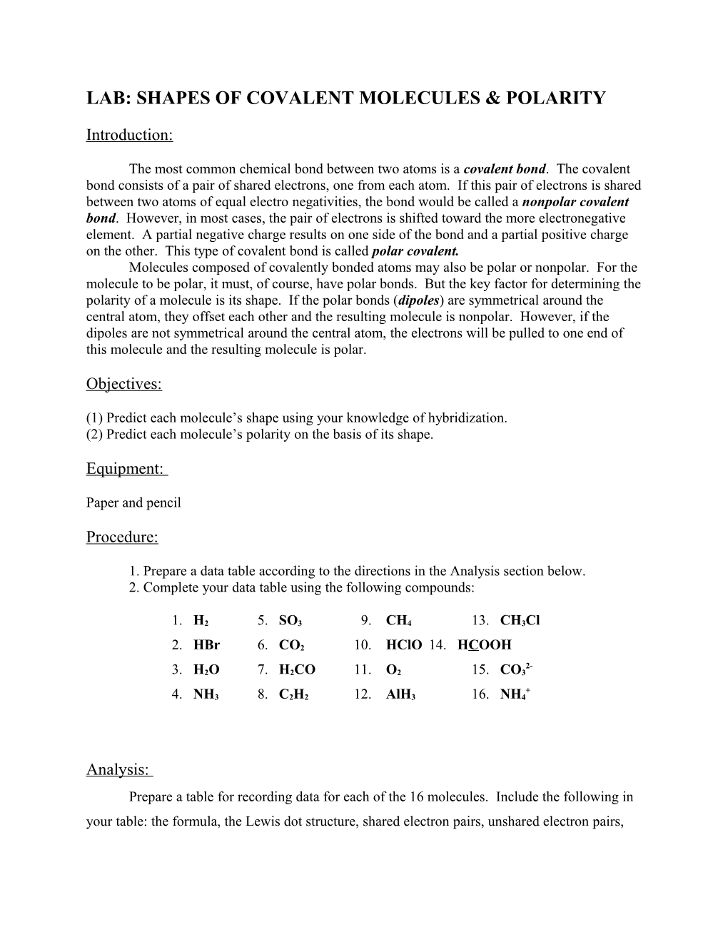 Lab: Shapes of Covalent Molecules & Polarity