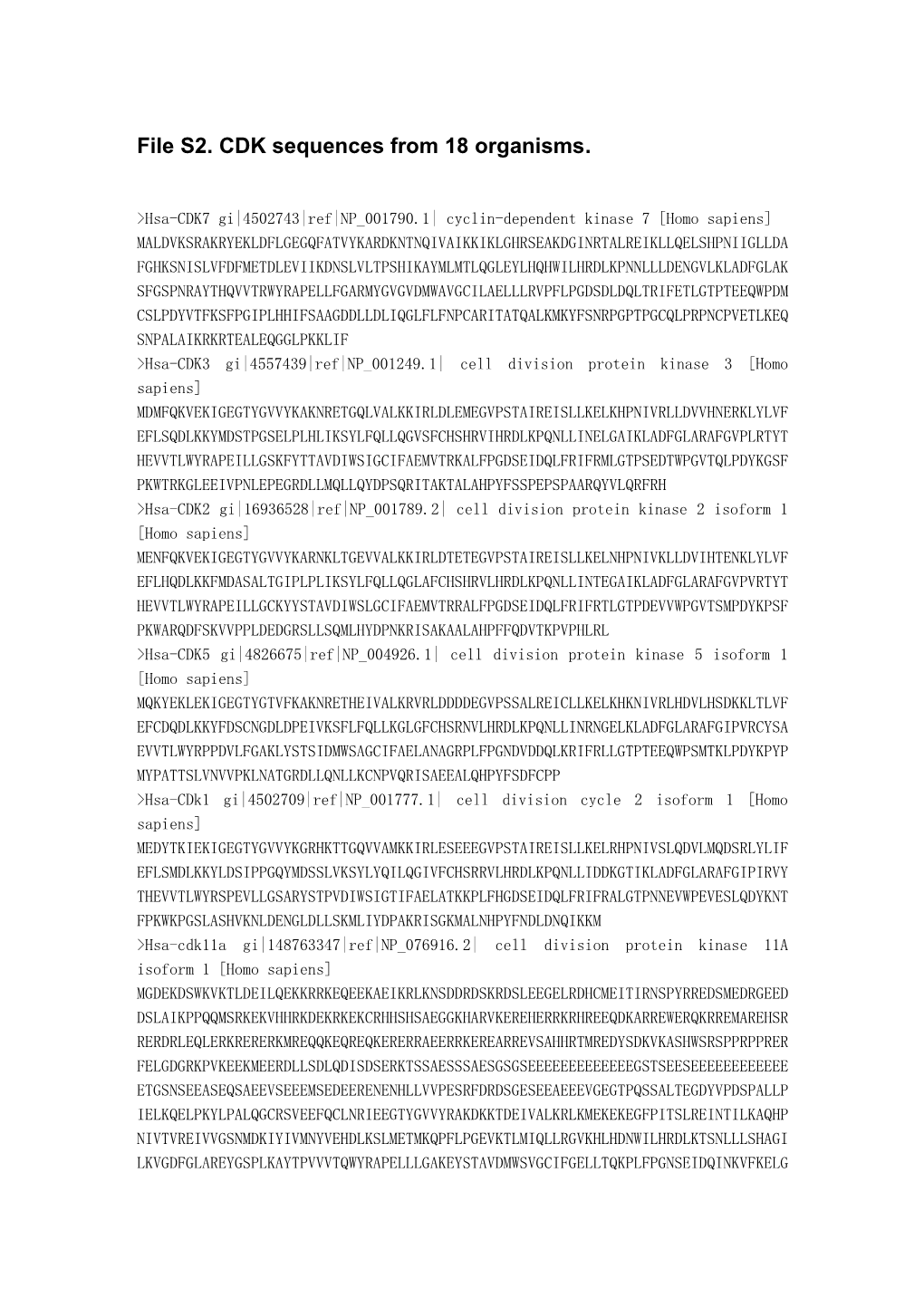 File S2. CDK Sequences from 18 Organisms