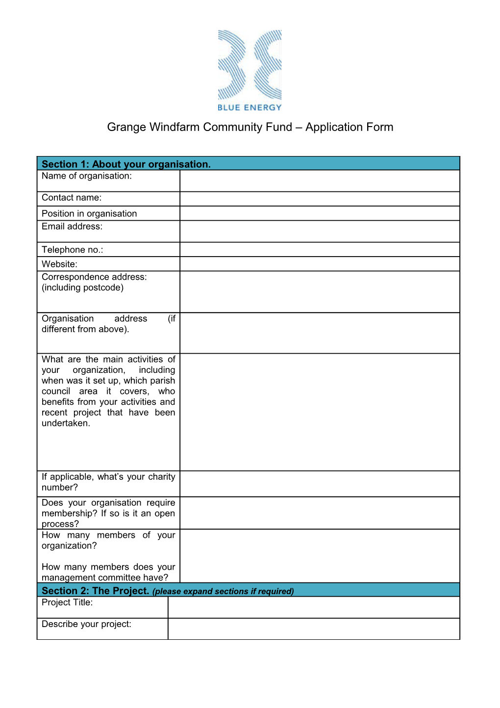 Grange Windfarm Community Fund Application Form