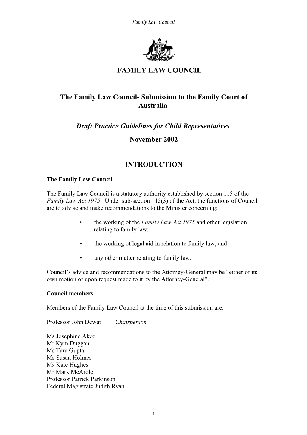 Submission to the Family Law Court on Draft Practice Guidelines for Child Representatives
