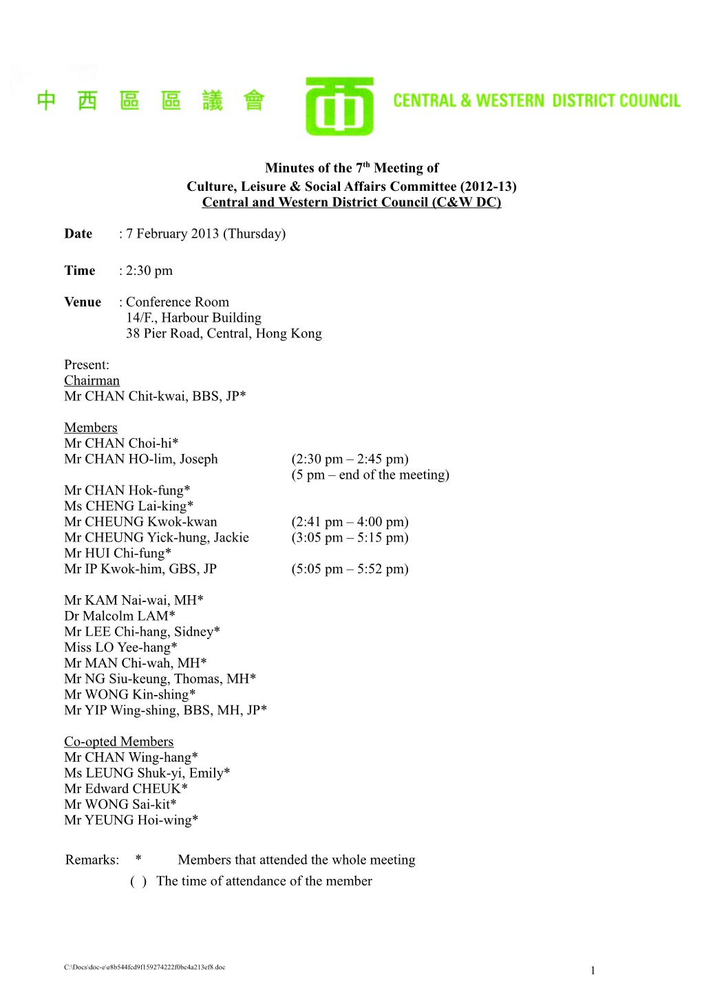 7Th Meeting Summary of C&WDC Culture, Leisure & Social Affairs Committee (2012-13)