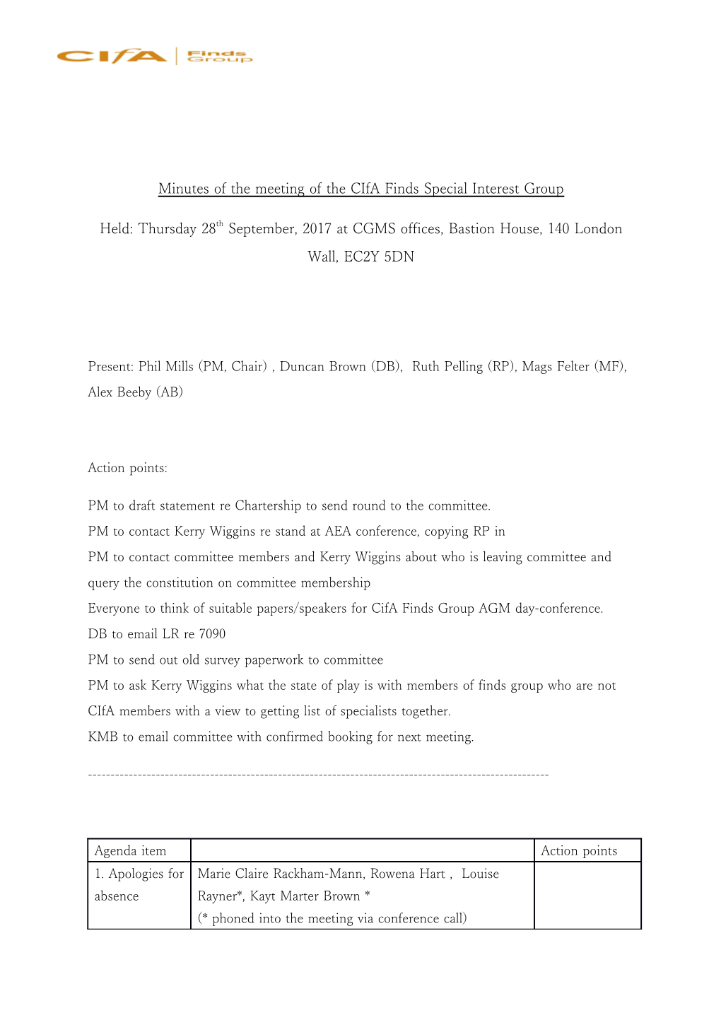 Minutes of the Meeting of the Cifa Finds Special Interest Group